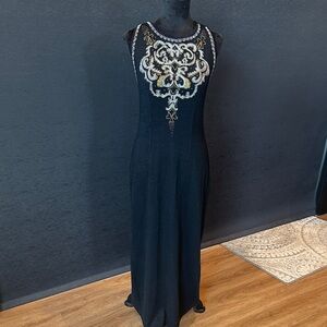 Carole Little Black Maxi Dress with Gold and Silver Embellishments